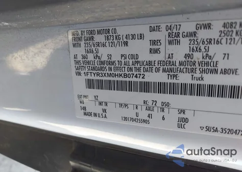 2017 Ford Transit-250 from USA, damaged, VIN 1FTYR3XM0HKB07472